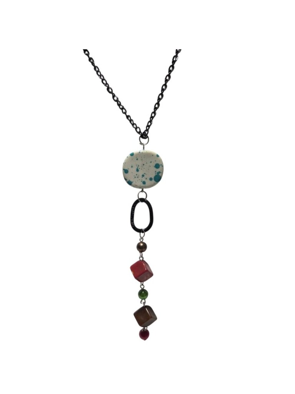 Vintage Colorful Beaded Necklace Speckled Pendant Geometric Round Accents Women